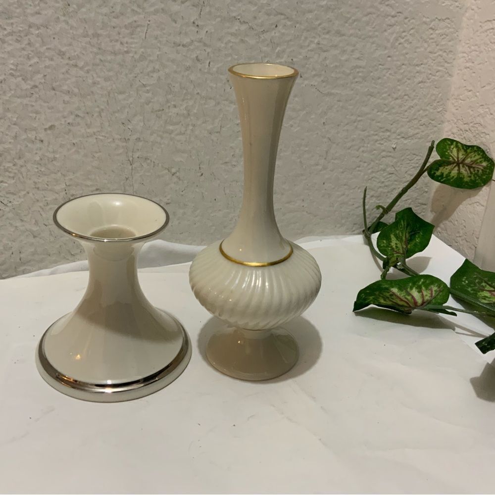 Vintage Lenox USA Porcelain - Long Neck Potbelly Vase Footed 24k & candle holder